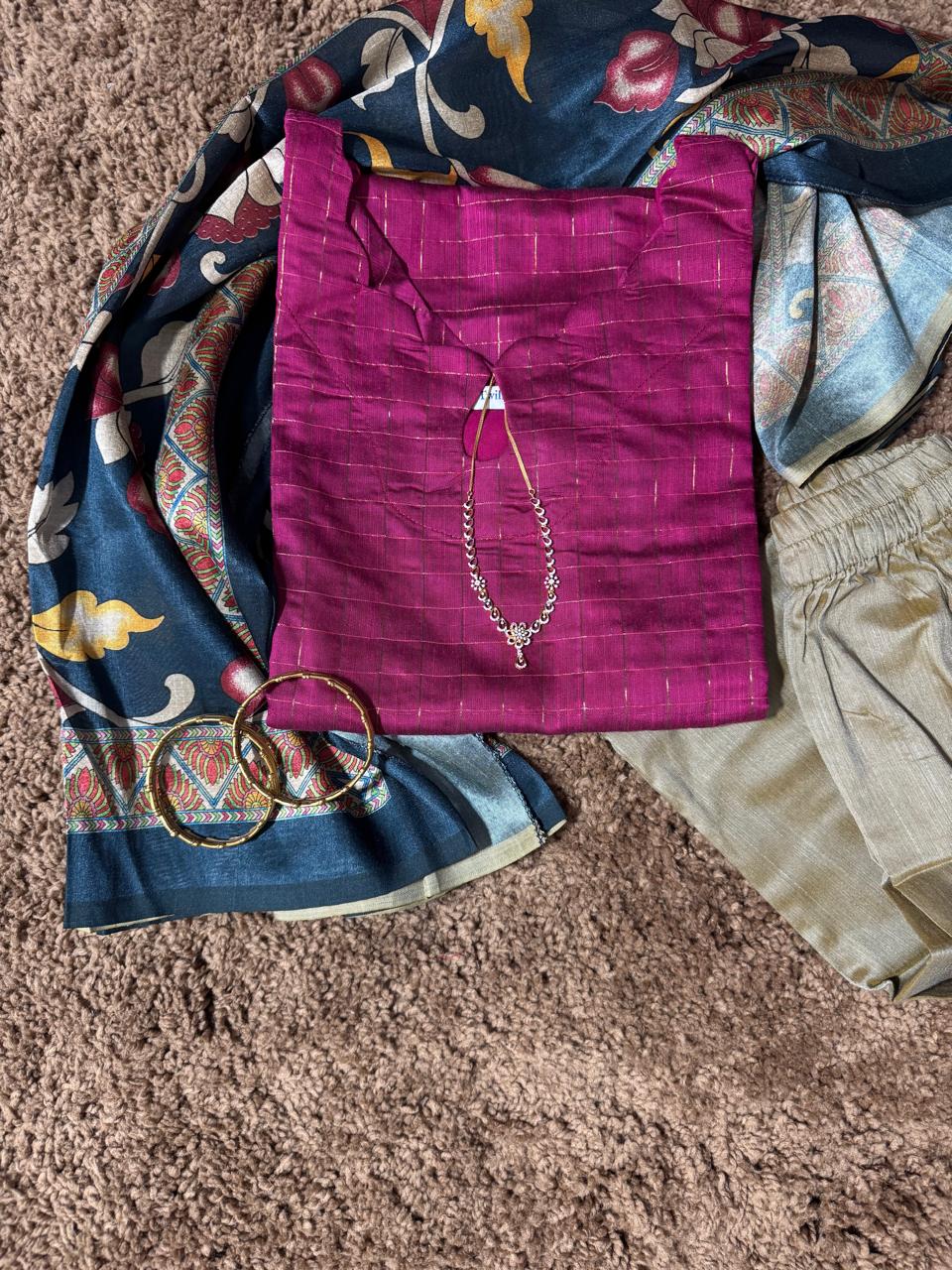 Pure Raw Silk Churidar Set with Kalamkari Dupatta & Pant