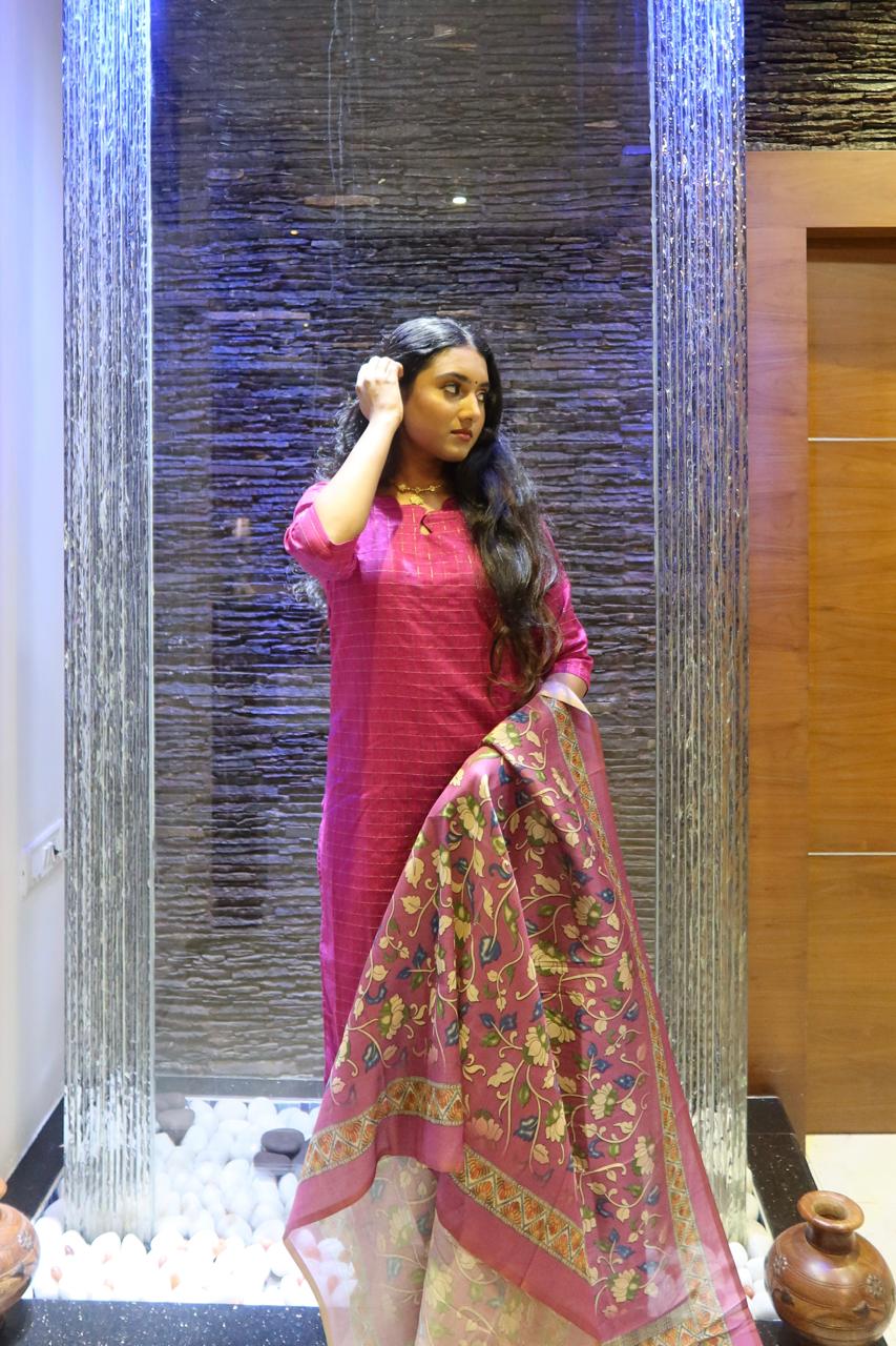 Pure Raw Silk Churidar Set with Kalamkari Dupatta & Pant