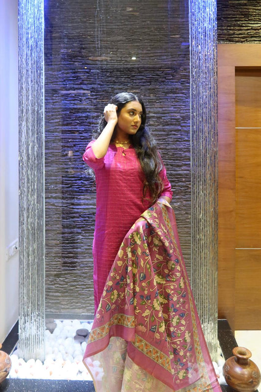 Pure Raw Silk Churidar Set with Kalamkari Dupatta & Pant