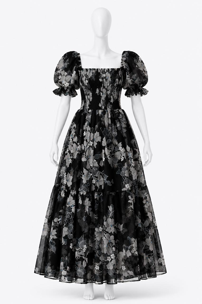 Women's Black floral printed sundress with puff sleeves