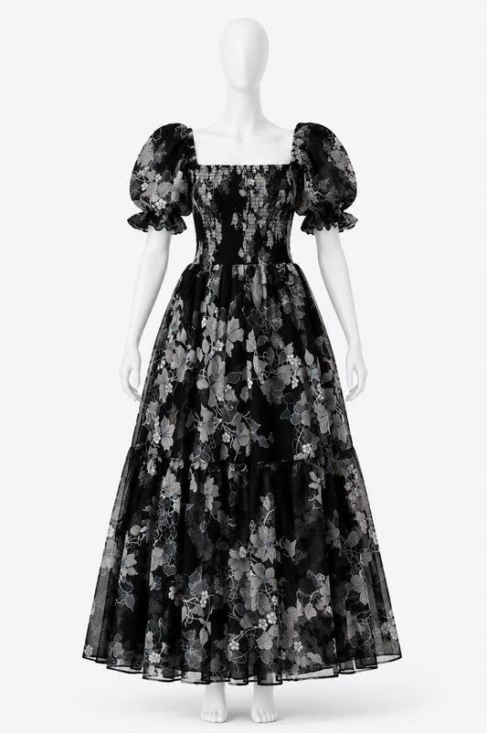 Women's Black floral printed sundress with puff sleeves