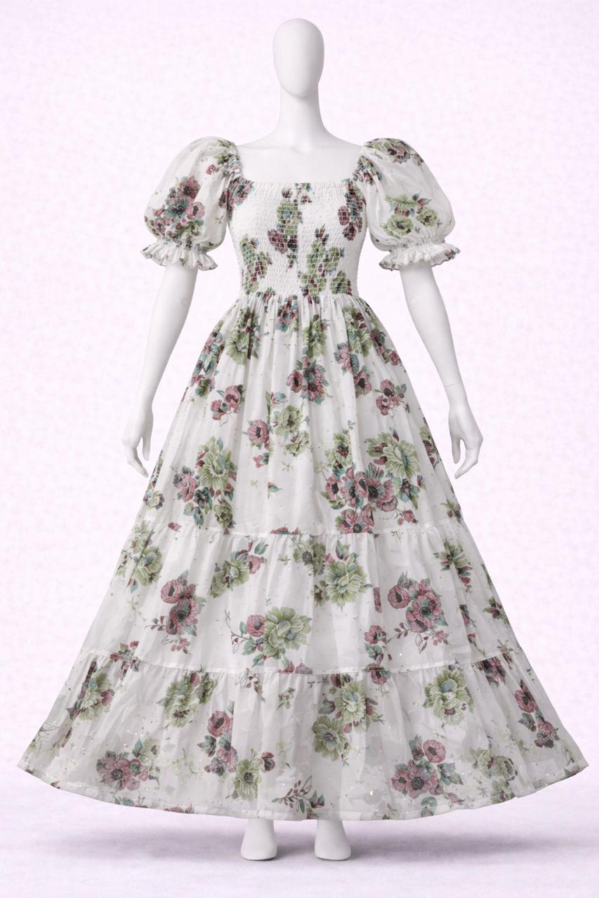 Women's white vibrant floral printed sundress with puff sleeves