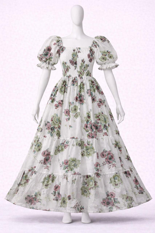 Women's white vibrant floral printed sundress with puff sleeves