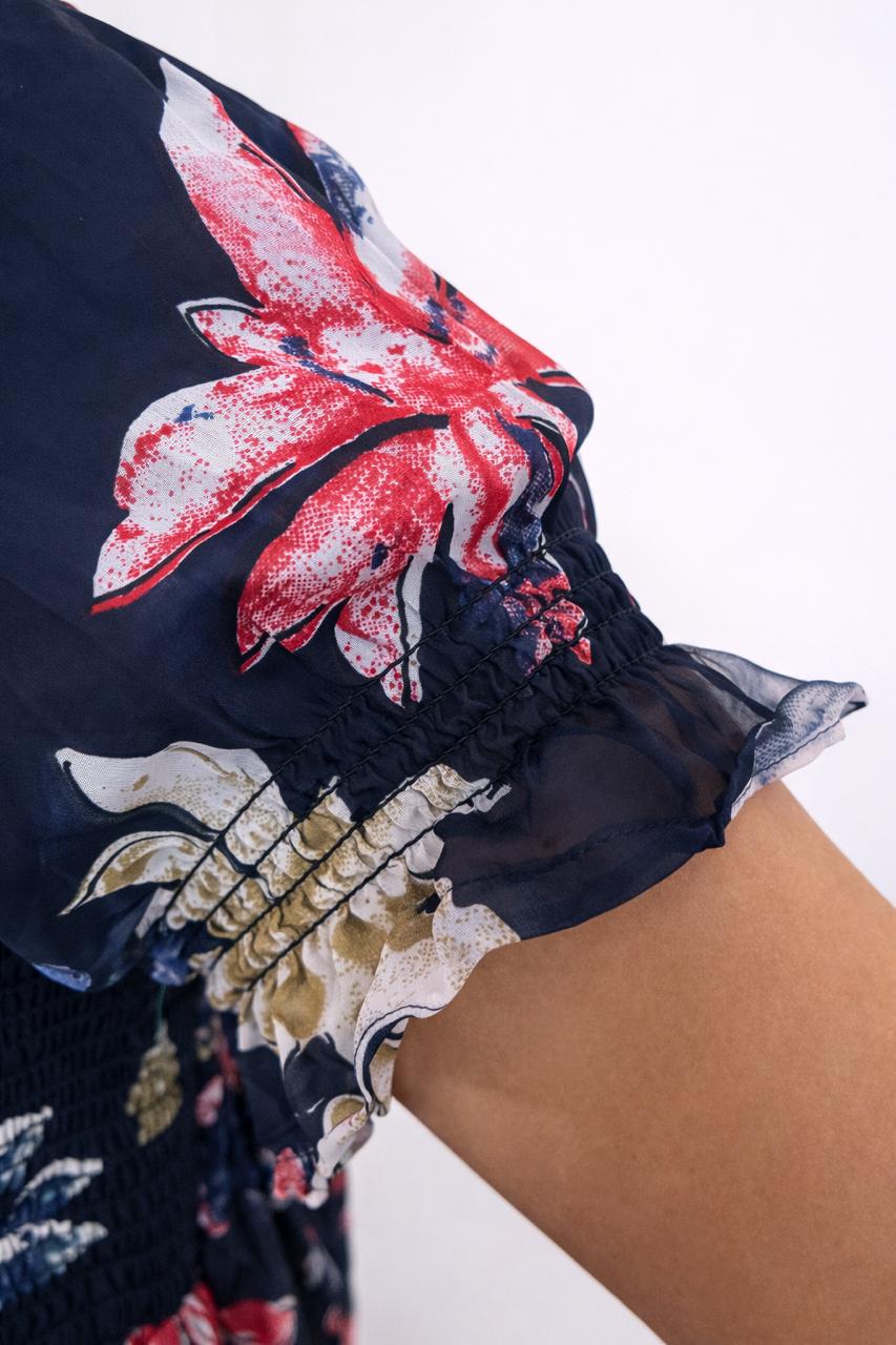 Women's navy blue printed sundress with puff sleeves