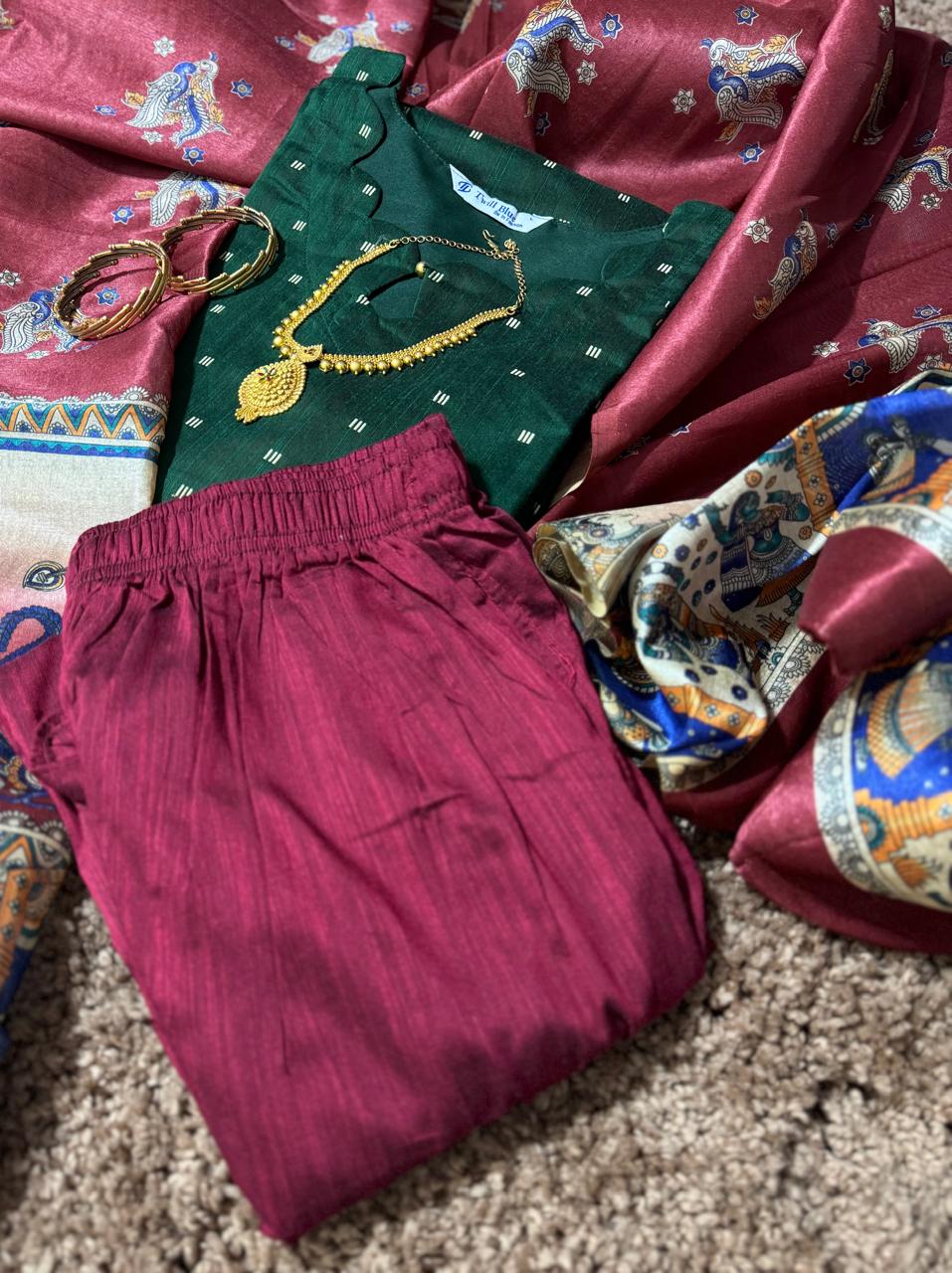 Pure Raw Silk Churidar Set with Kalamkari Dupatta & Pant