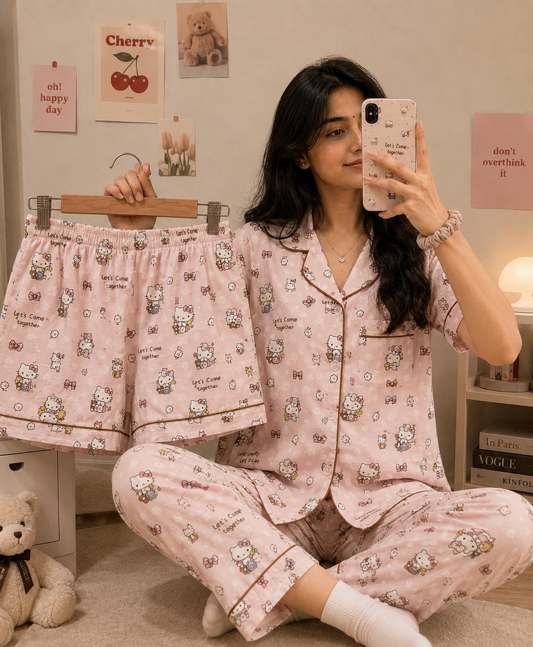 Baby pink Hello kitty Printed Premium 3-Piece Cotton Lounge Set