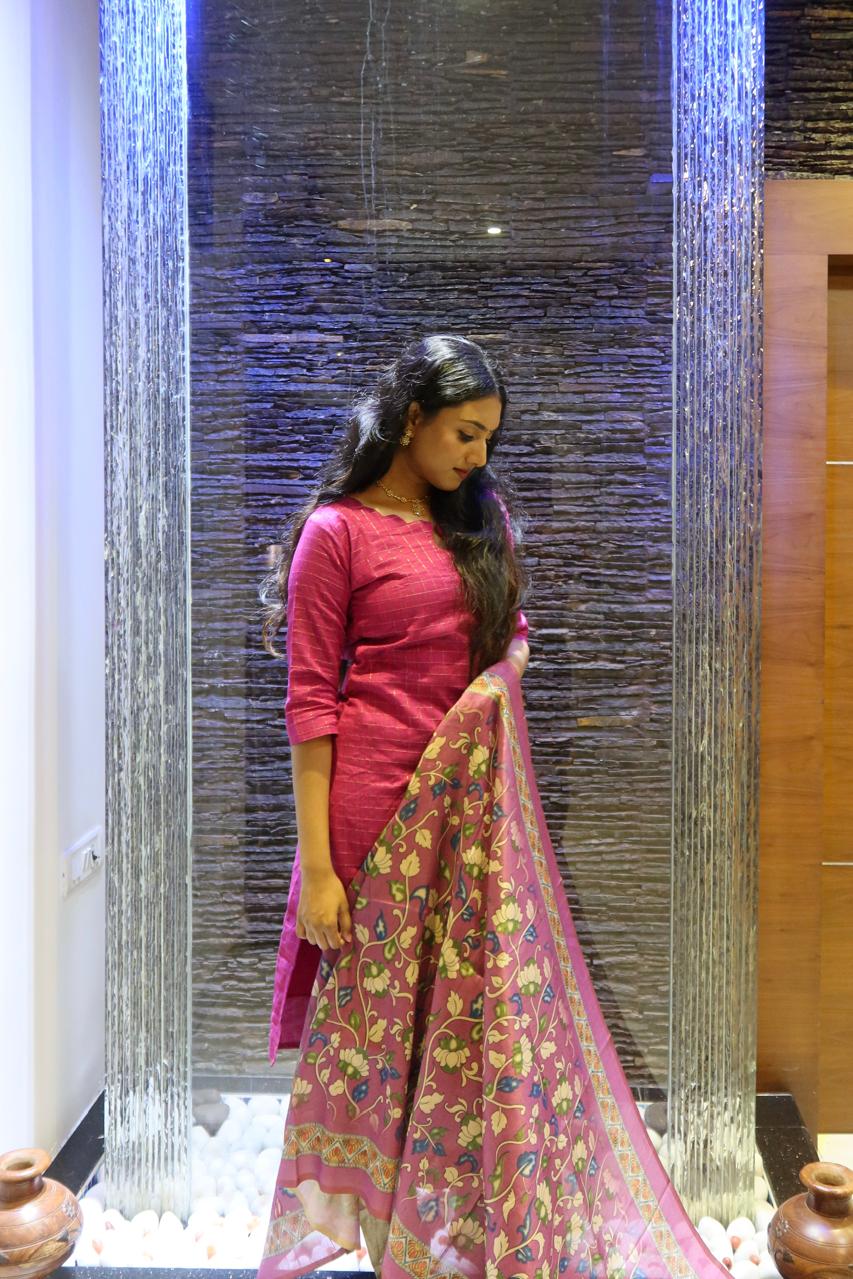 Pure Raw Silk Churidar Set with Kalamkari Dupatta & Pant