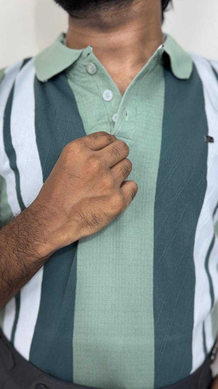 Men’s green Knitted Cotton Polo T-Shirt | Premium Vertical Stripe Polo Tee