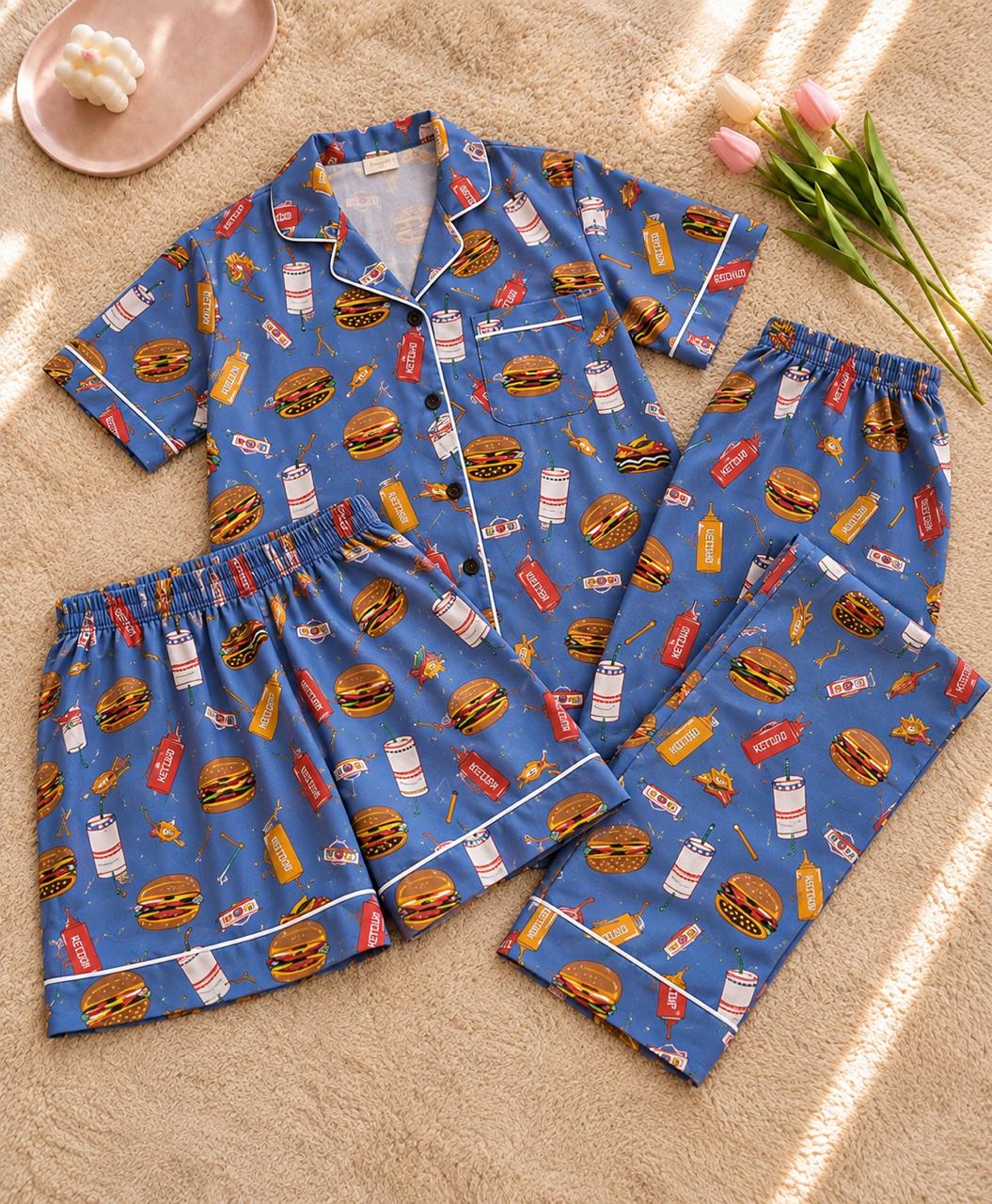 Women's Burger Printed Premium 3-Piece Cotton Lounge Set