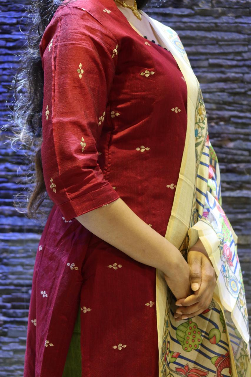 Pure Raw Silk Churidar Set with Kalamkari Dupatta & Pant