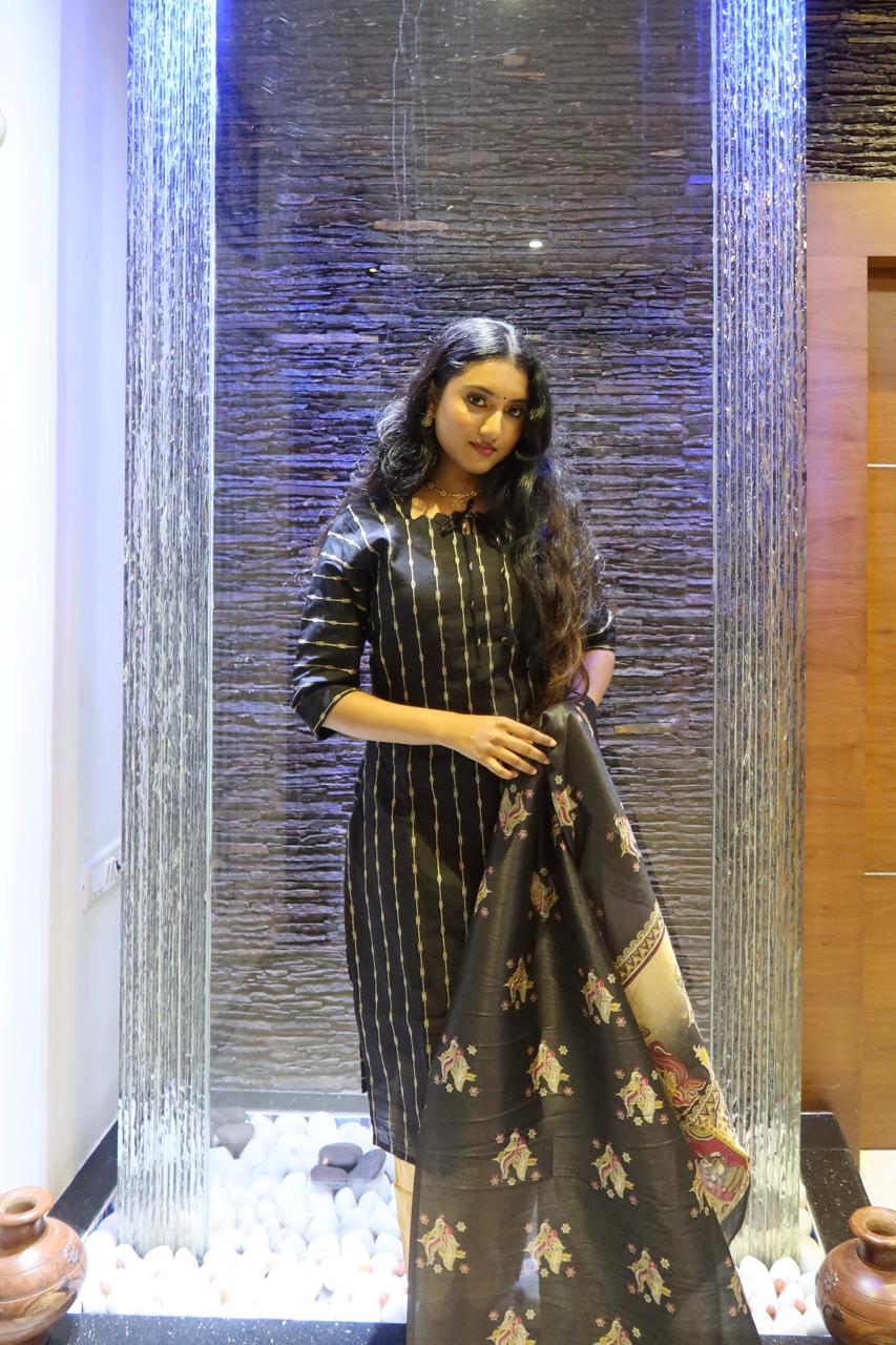 Pure Raw Silk Churidar Set with Kalamkari Dupatta & Pant