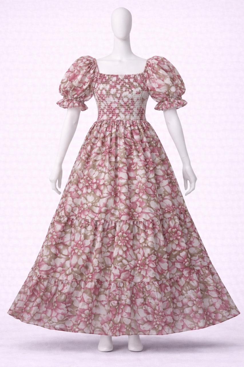 Women's pink & white floral printed sundress with puff sleeves
