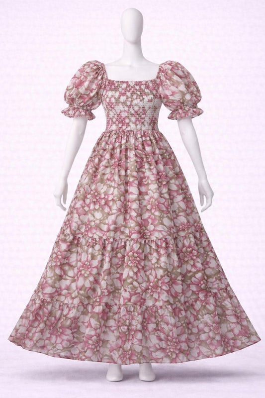 Women's pink & white floral printed sundress with puff sleeves