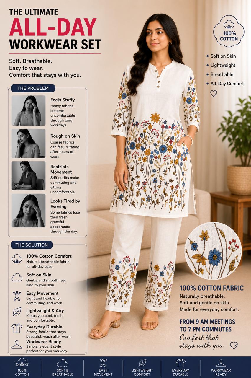 Elegant cream floral printed linen co-ords