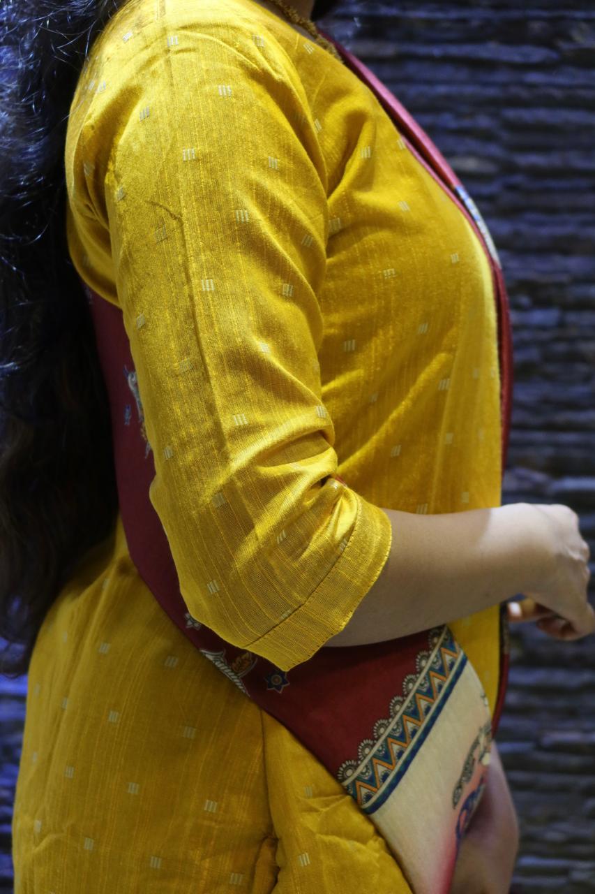 Pure Raw Silk Churidar Set with Kalamkari Dupatta & Pant