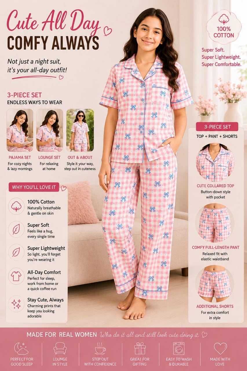 Kids Bow Printed Premium 3-Piece Cotton Lounge Set