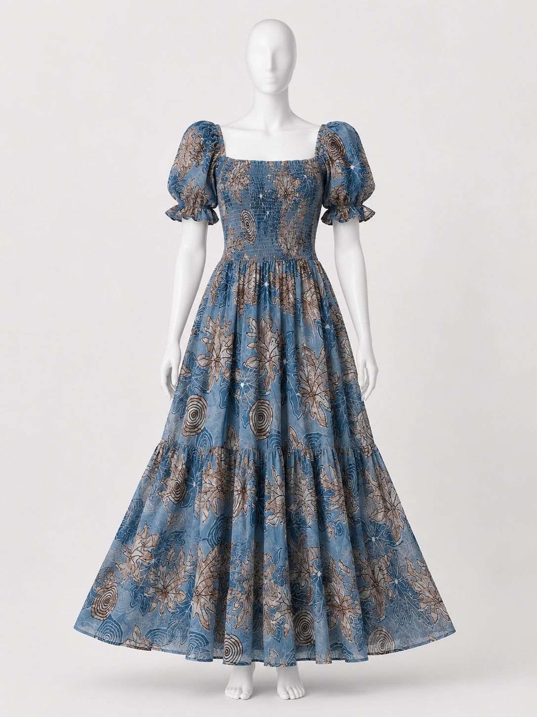 Women's steel blue printed sundress with puff sleeves