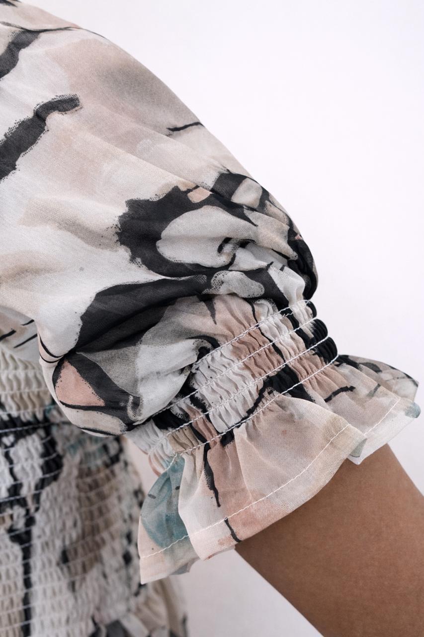 Women's ivory printed sundress with puff sleeves