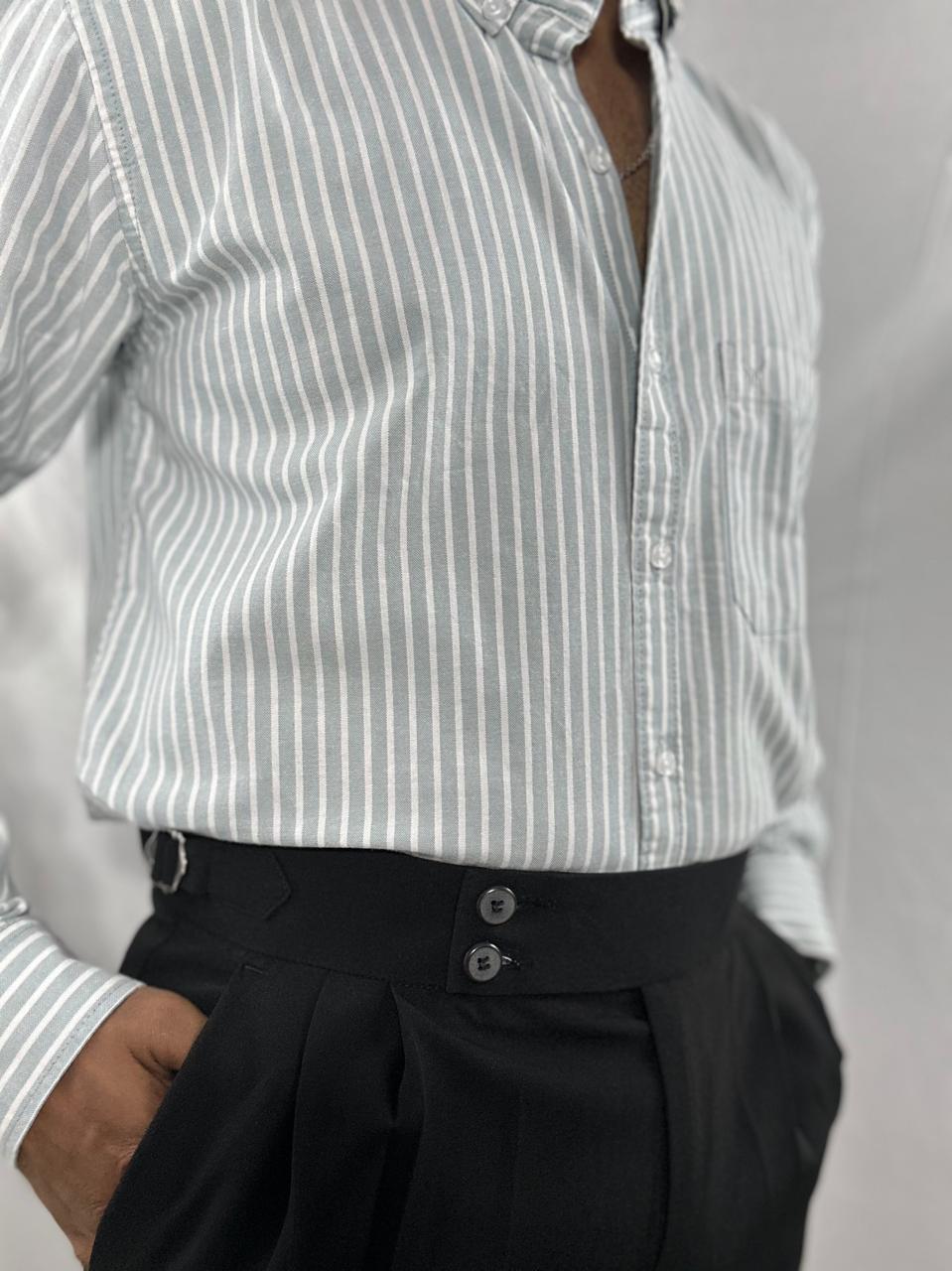 Ash grey oxford cotton-linen shirt with white stripes | button-down collar