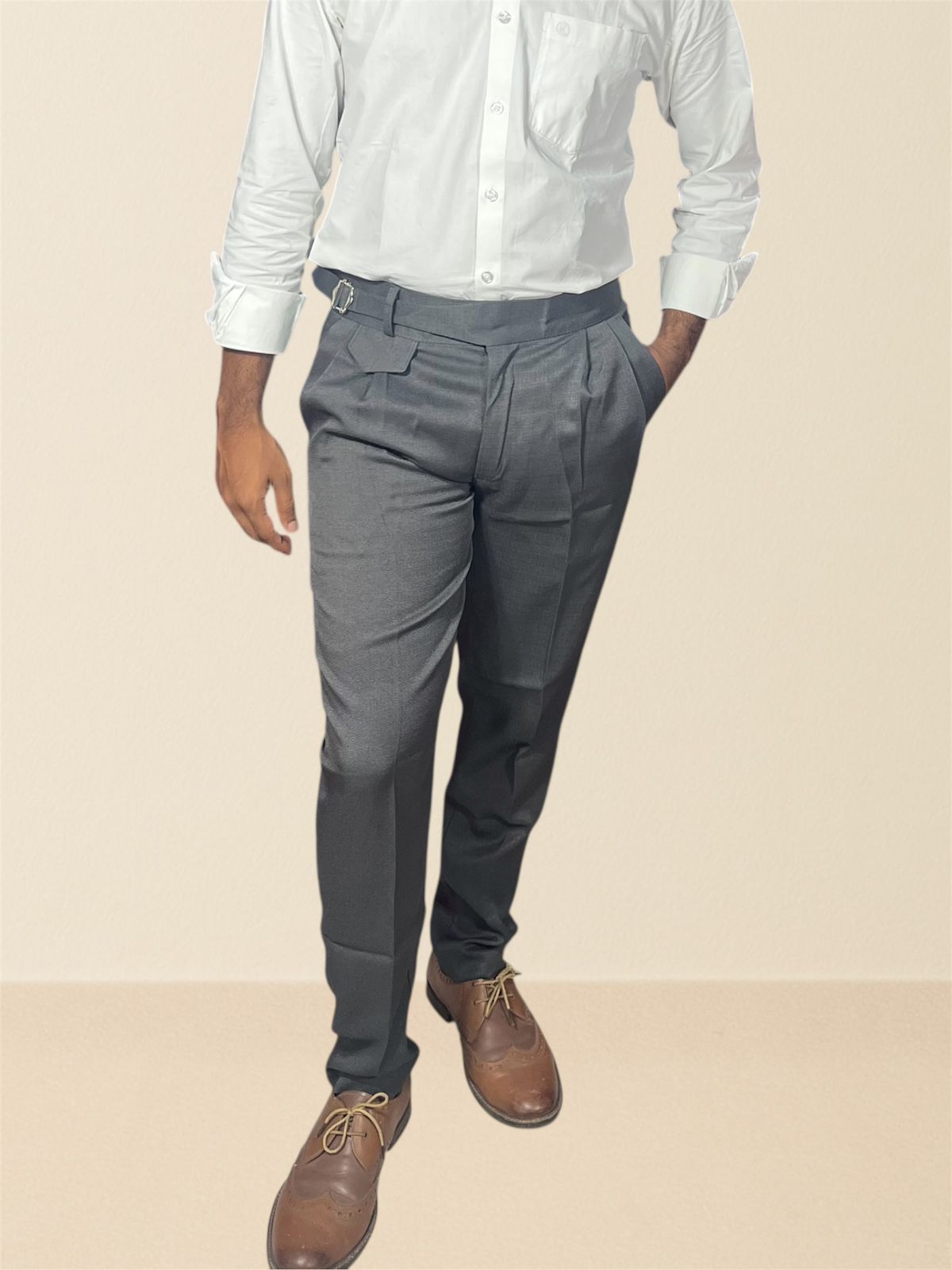 Dark Grey Linen Textured Gurkha Pants for Men