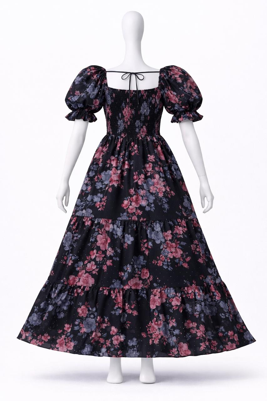 Women's Black & pink floral printed sundress with puff sleeves