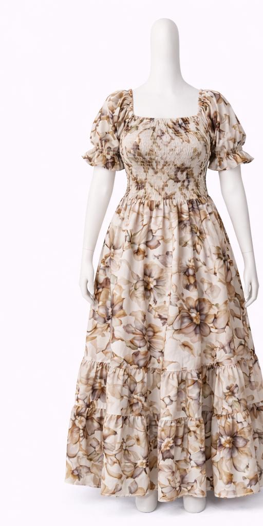 Women's brown printed sundress with puff sleeves