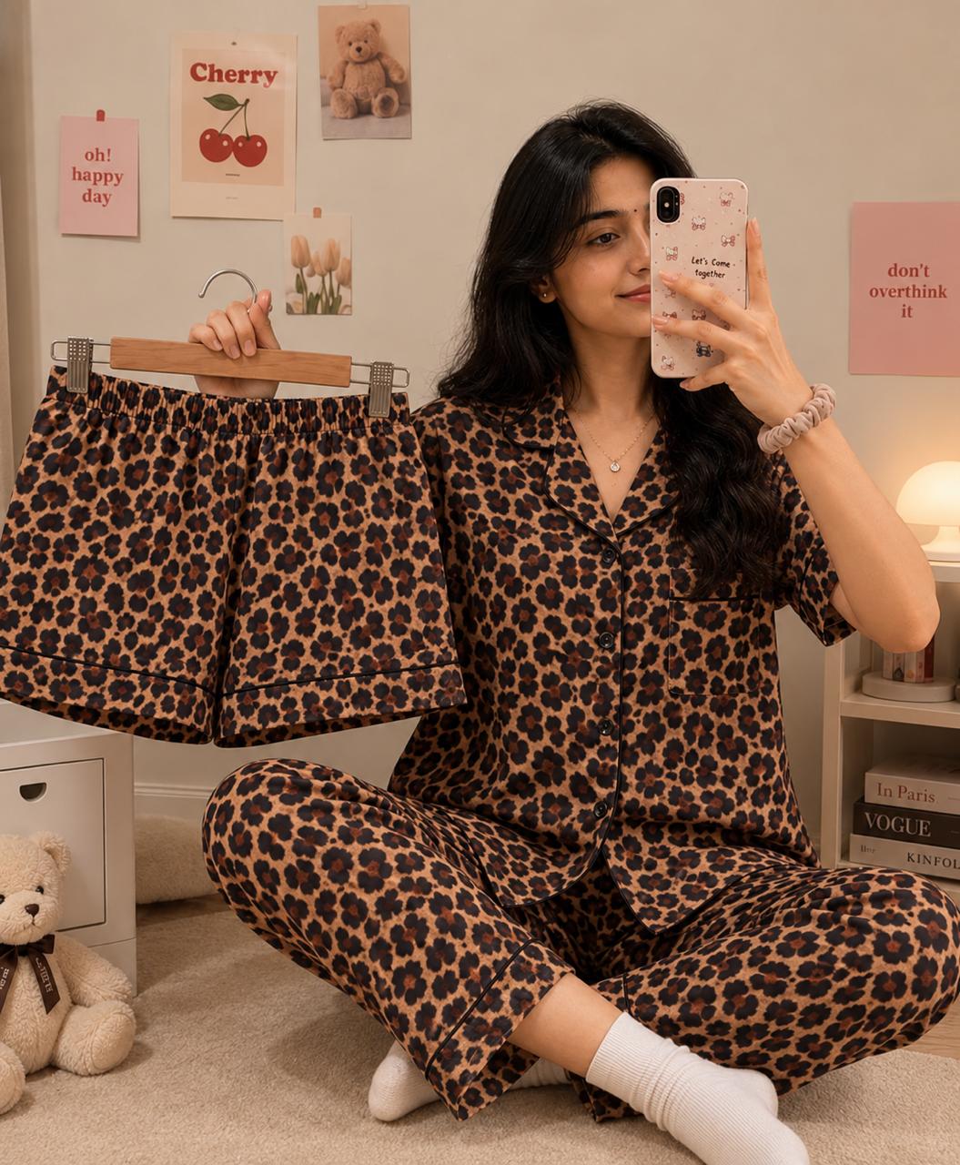 Women's leopard Printed Premium 3-Piece Cotton Lounge Set