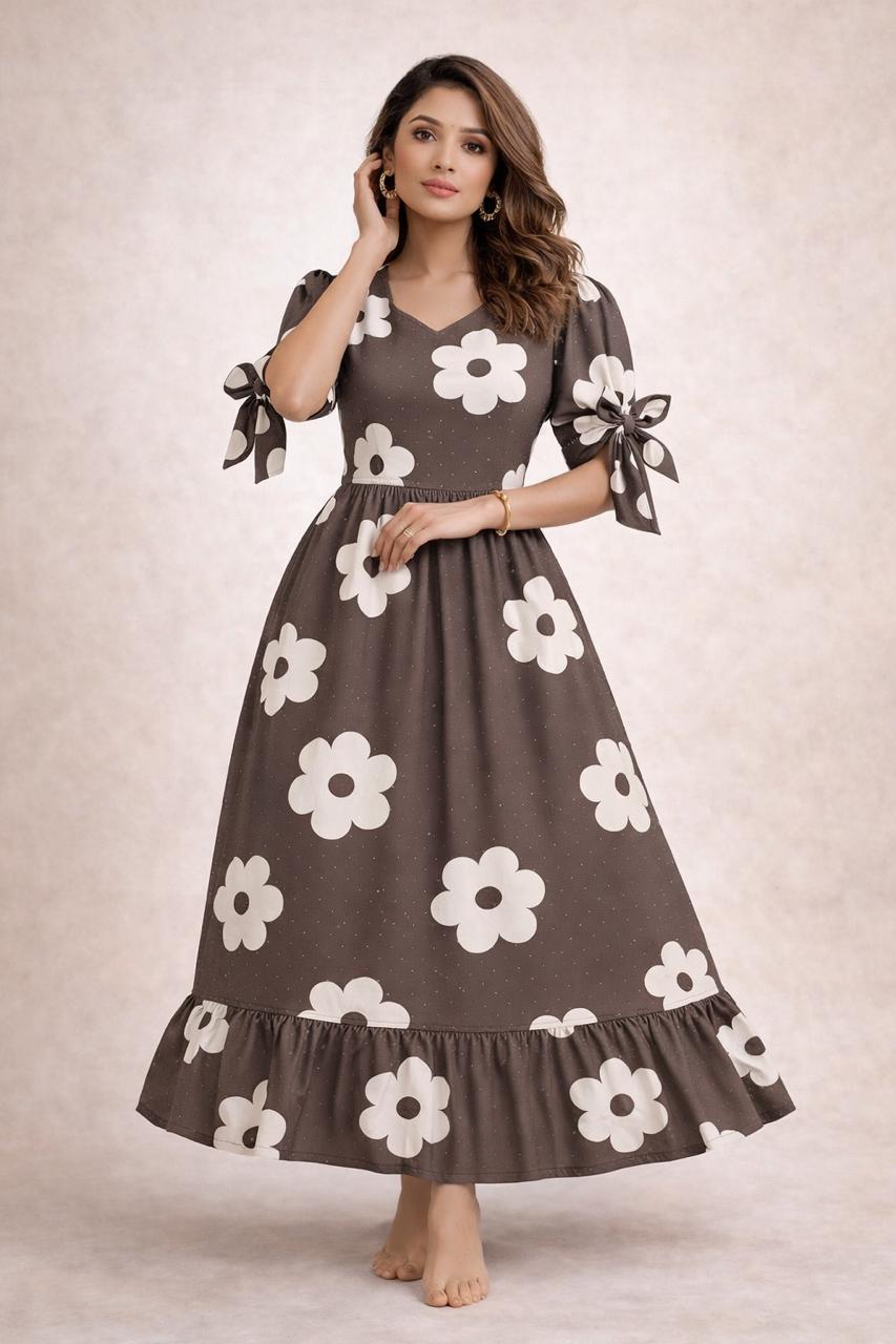 Women's slate brown floral maxi with puff sleeves tie up dress