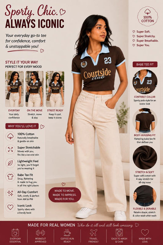 Retro printed brown contrast collar Baby tee | Women's cropped Fit T-shirt