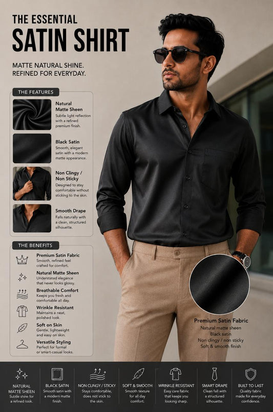 Midnight Black satin shirt | premium natural sheen