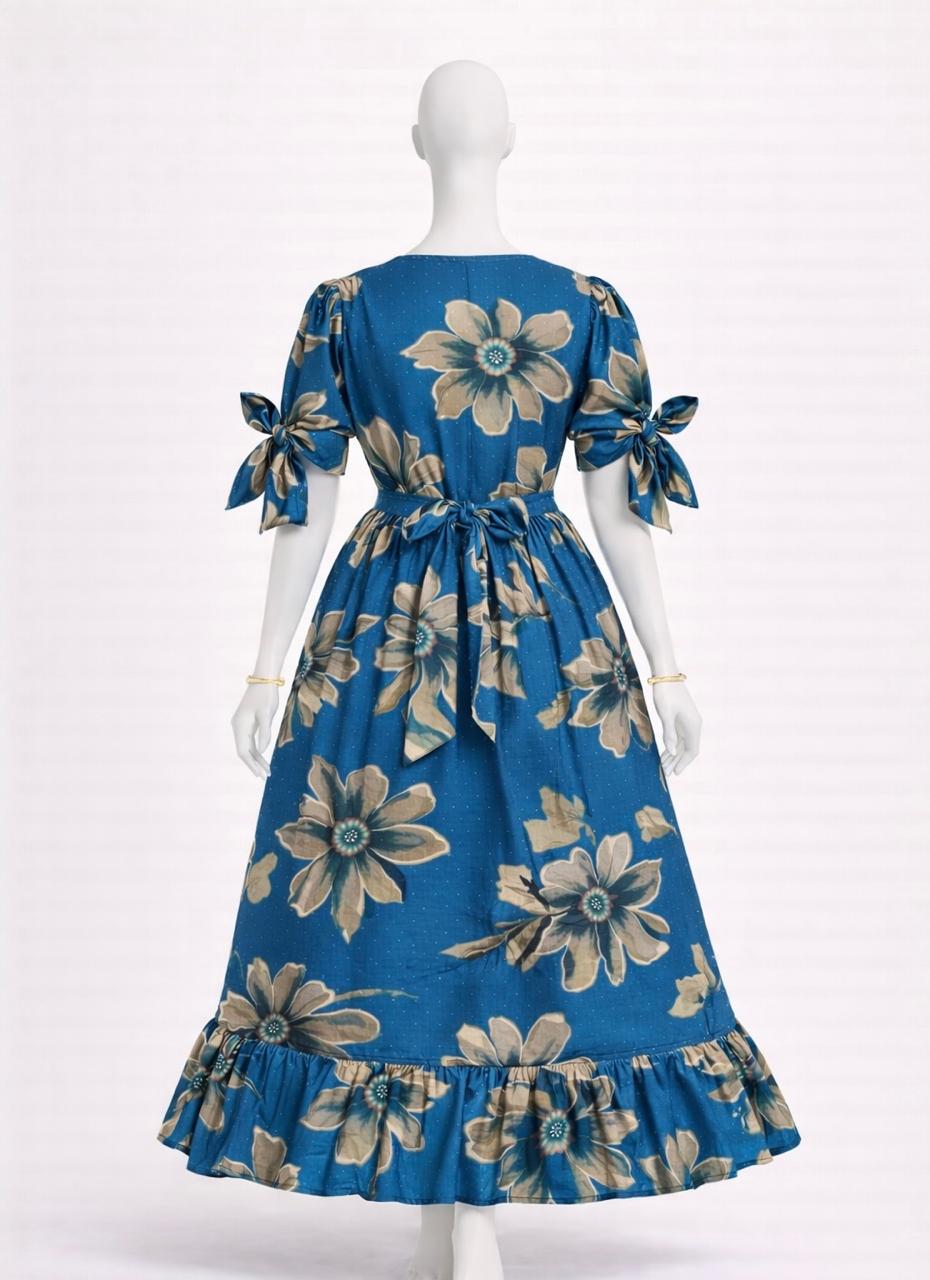 Women's blue floral maxi with puff sleeves tie up dress