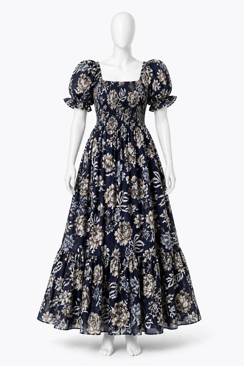 Women's Navy blue printed sundress with puff sleeves