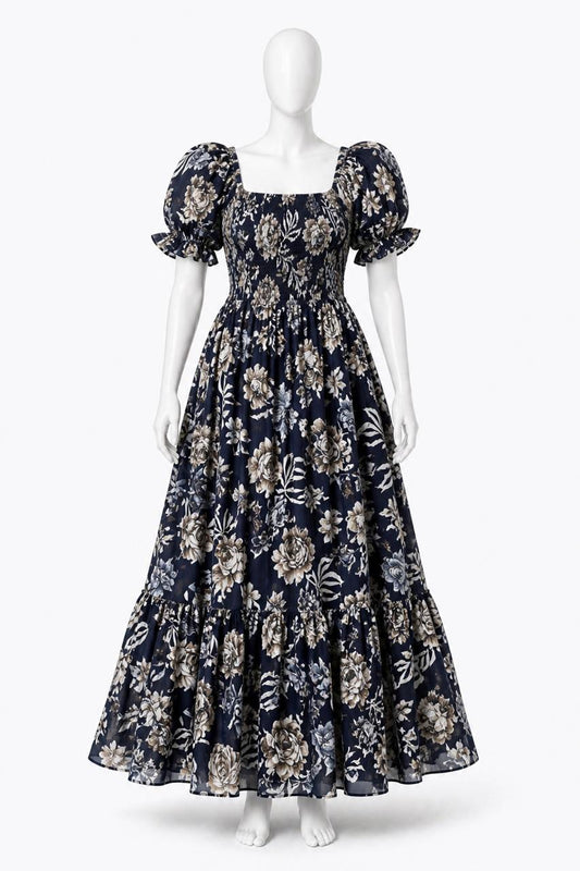 Women's Navy blue printed sundress with puff sleeves