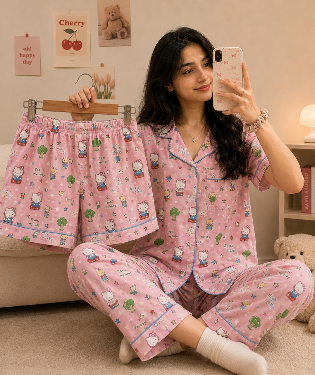 Pink hello kitty printed Premium 3-Piece Cotton Lounge Set