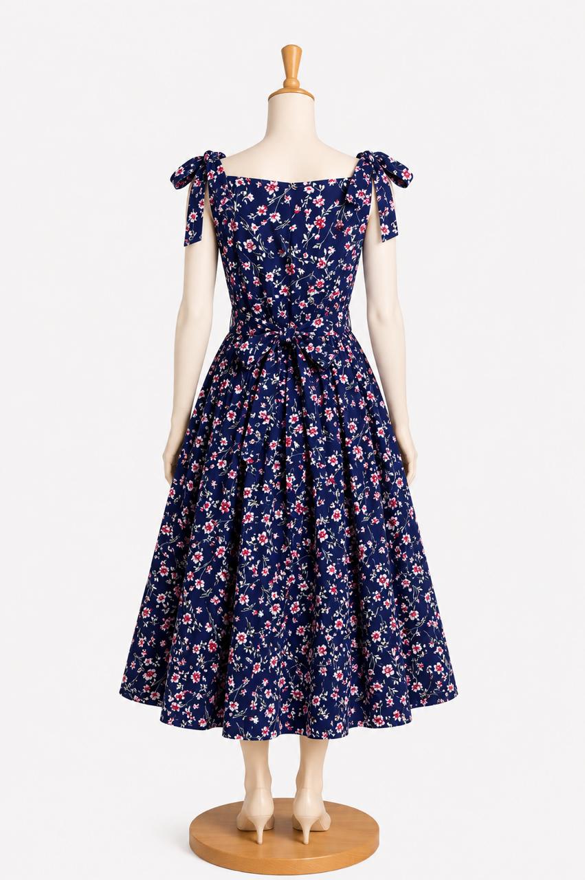 Kids & teens Navy Blue Floral printed Sholder Midi Dress with shoulder tie straps and Chest cup