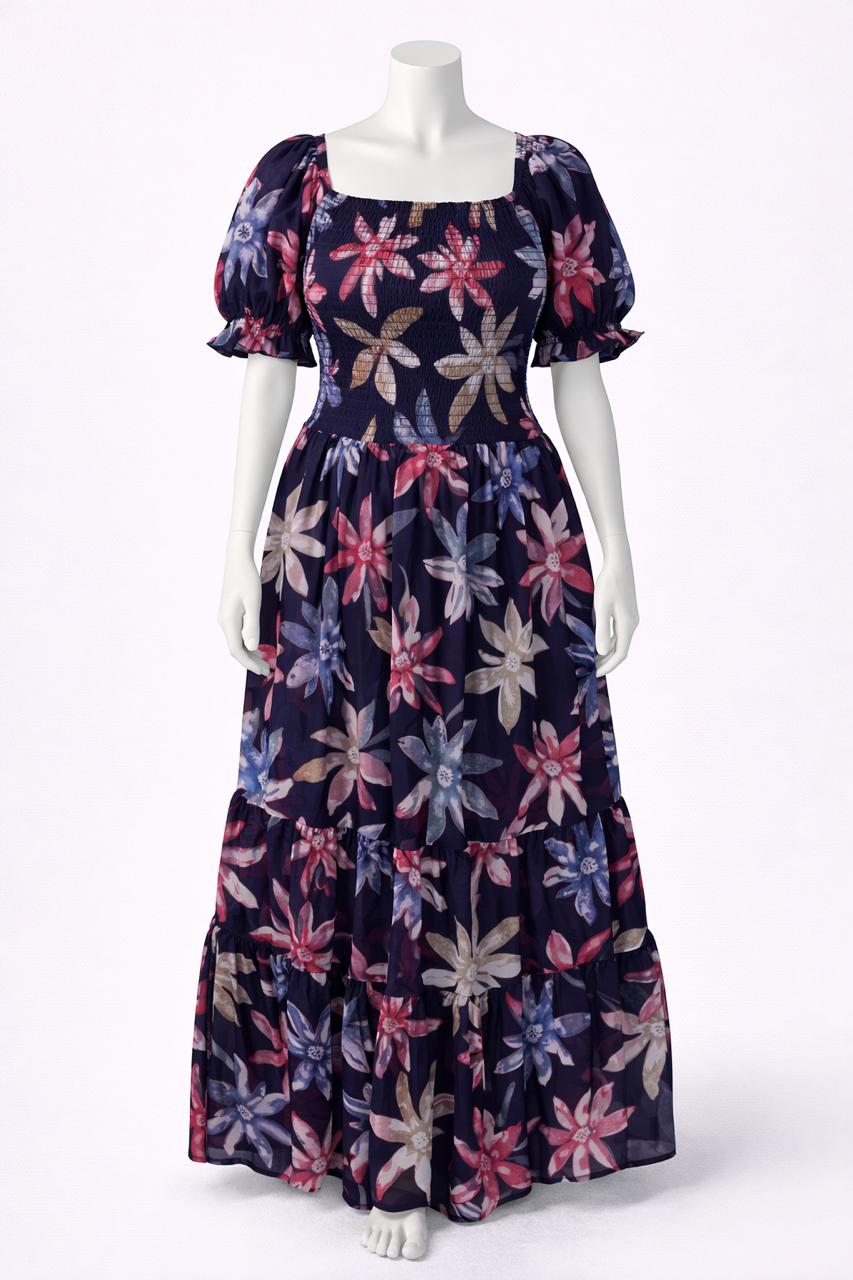 Women's navy blue printed sundress with puff sleeves