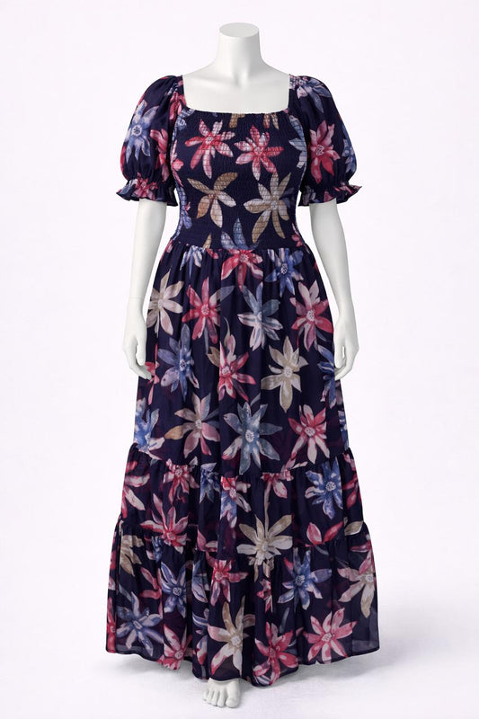 Women's navy blue printed sundress with puff sleeves