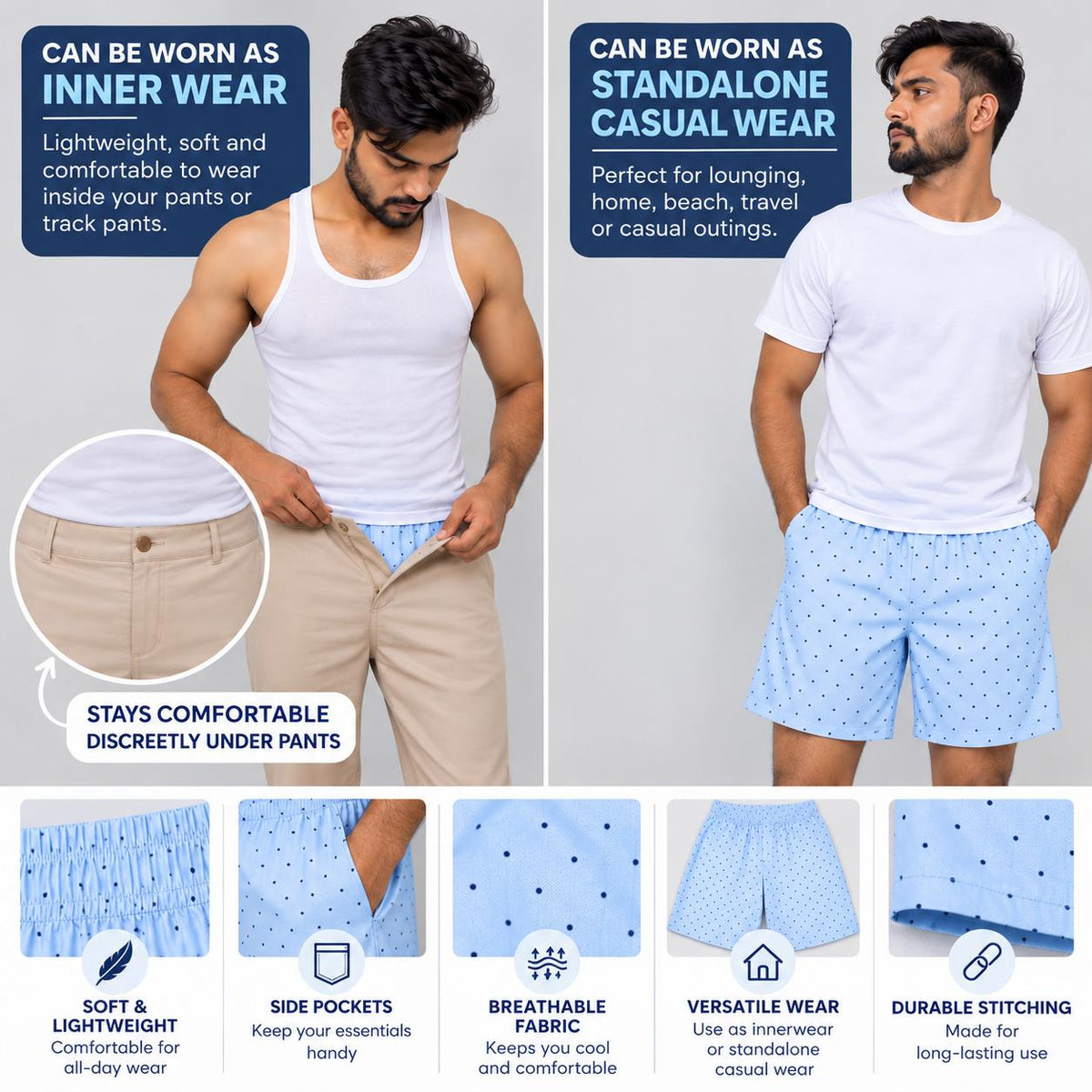 Men’s 100% cotton Polka dot Printed Boxer Shorts | Double side pockets | Sky blue