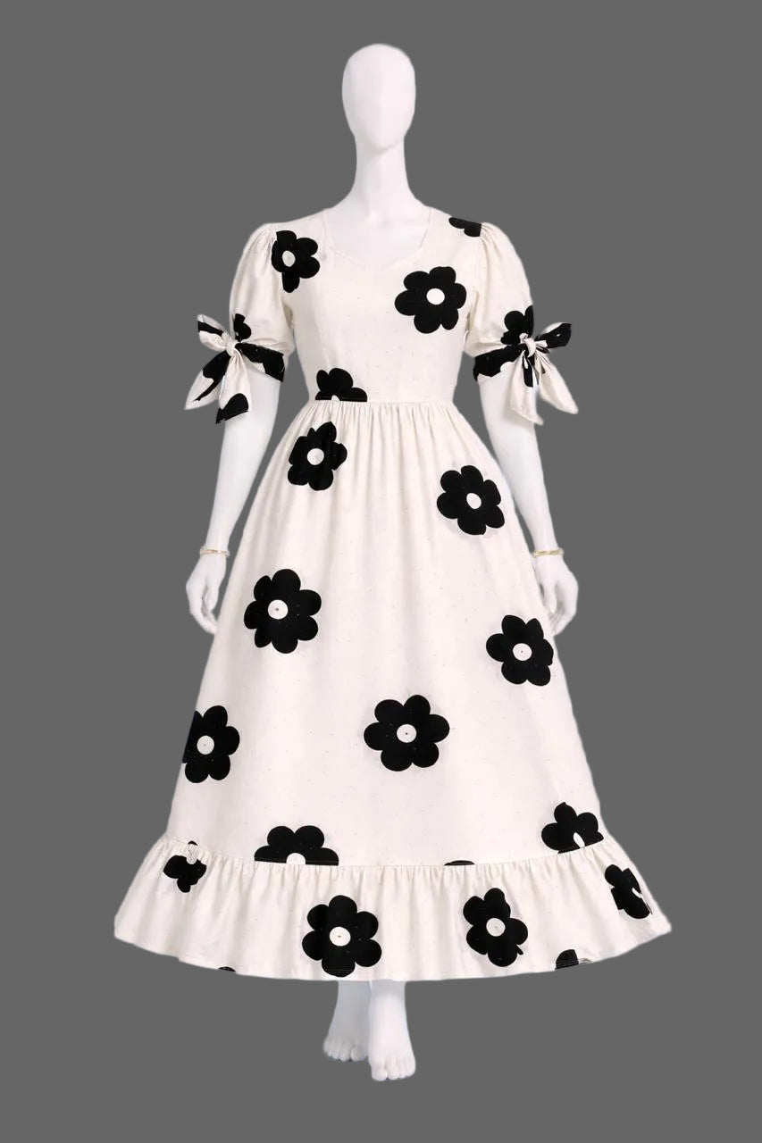 Women's white with black floral printed maxi with puff sleeves tie up dress