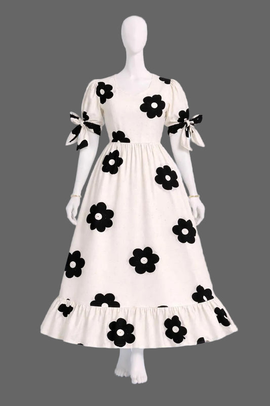 Women's white with black floral printed maxi with puff sleeves tie up dress
