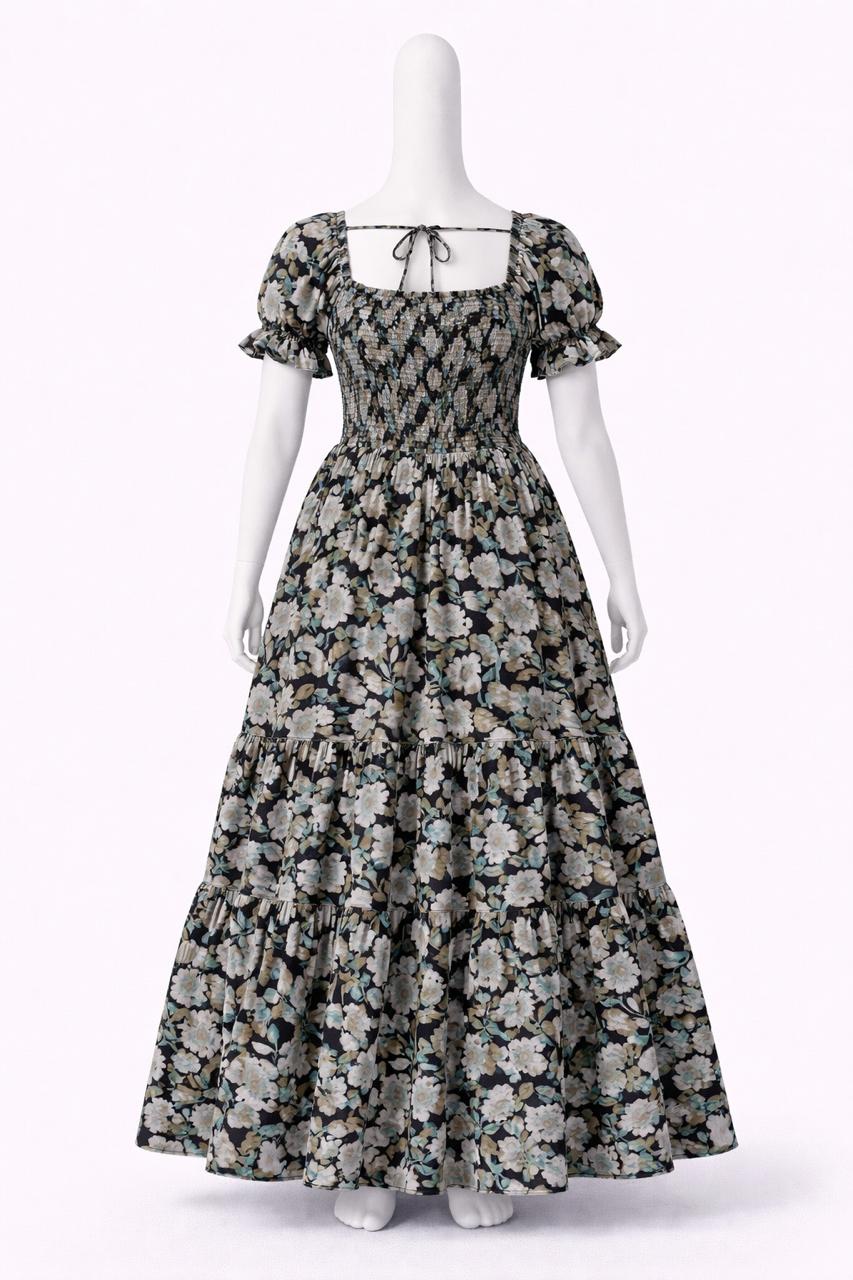 Women's Black and aqua green floral printed sundress with puff sleeves