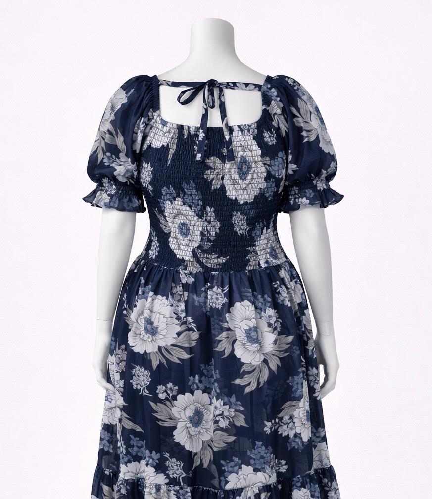 Women's Navy blue floral printed sundress with puff sleeves