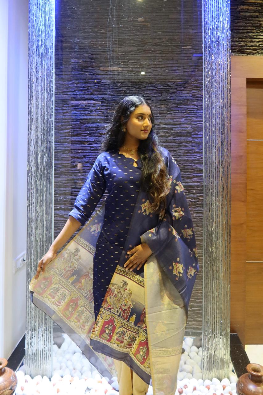 Pure Raw Silk Churidar Set with Kalamkari Dupatta & Pant