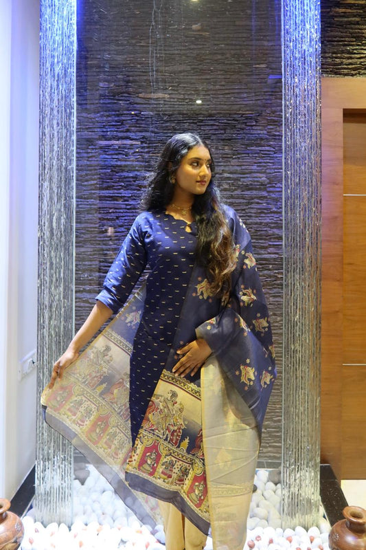 Pure Raw Silk Churidar Set with Kalamkari Dupatta & Pant