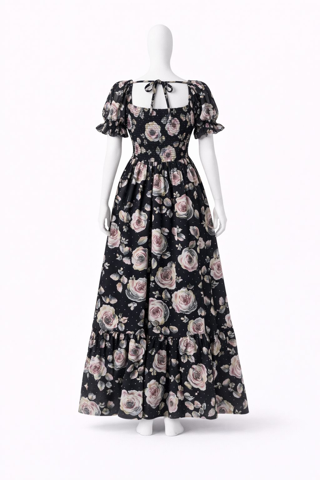 Women's Black floral printed sundress with puff sleeves