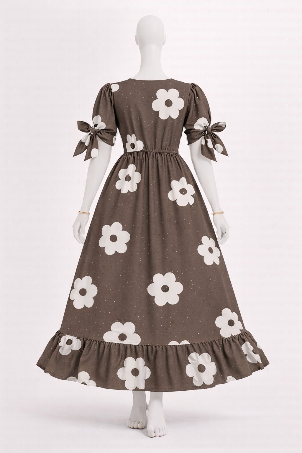 Women's slate brown floral maxi with puff sleeves tie up dress
