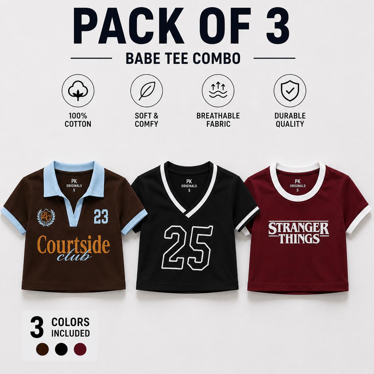 Pack of 3 T-shirt contrast collar Baby tee | Women's cropped Fit T-shirt