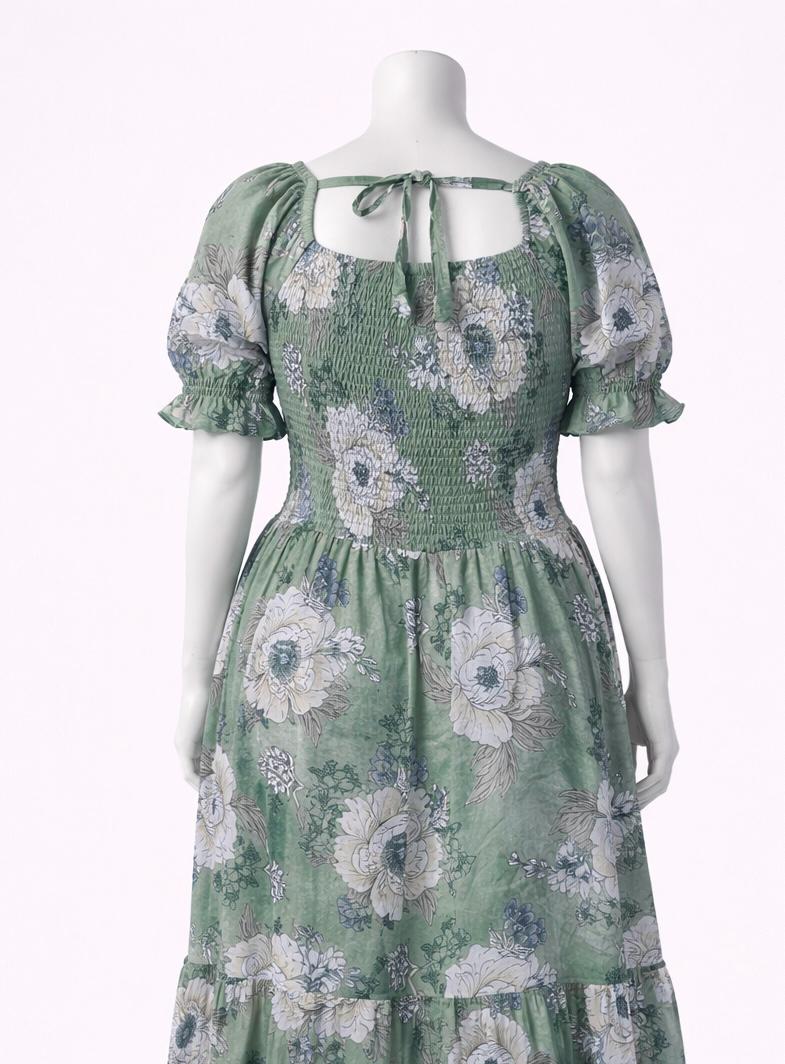 Women's muted green printed sundress with puff sleeves