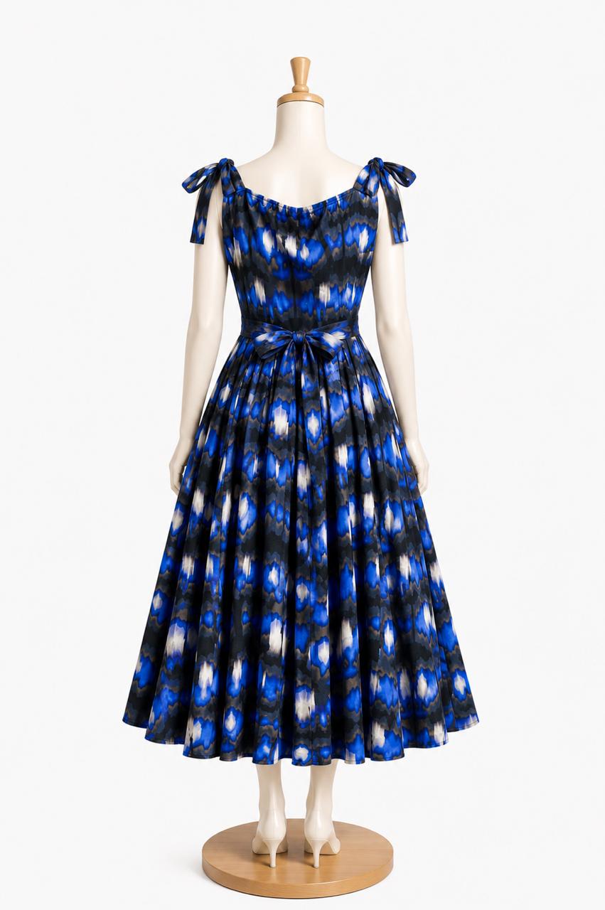Kids & teens Black & Blue Abstract Print  Summer Midi Dress with shoulder Tie straps & Chest Cup