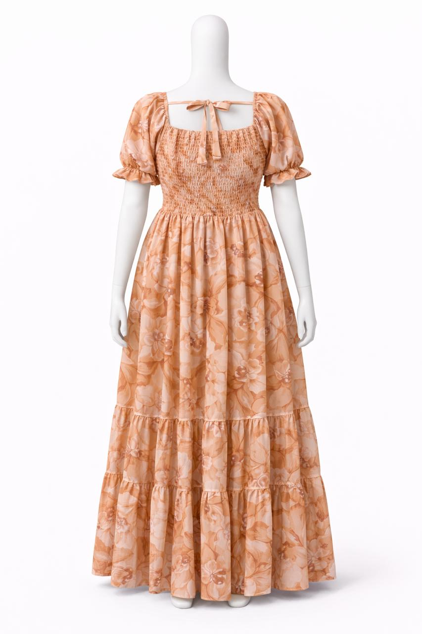 Women's vintage orange printed sundress with puff sleeves